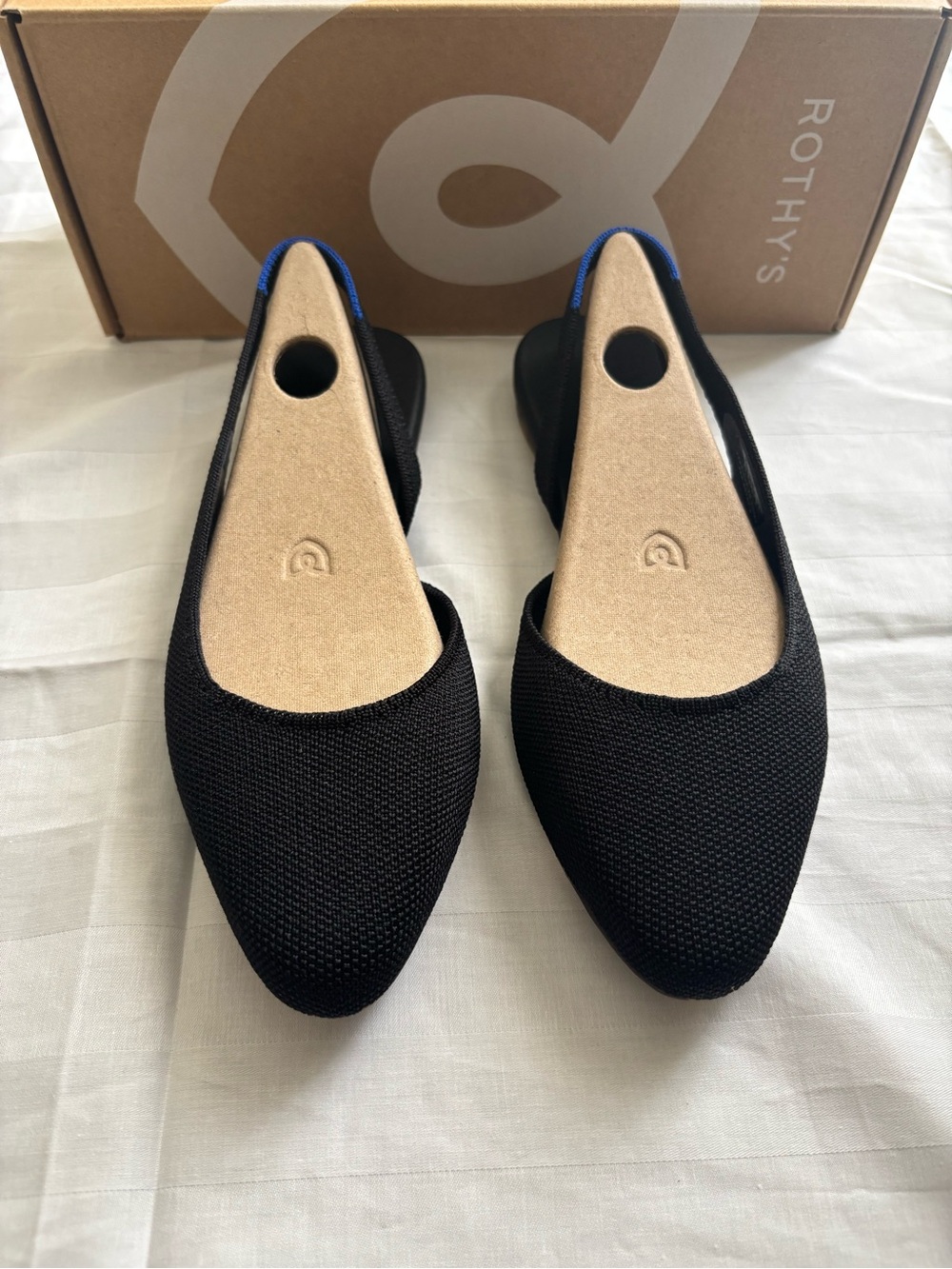 Rothy's Black Pointed Slingback Flats with Blue Heel Trim